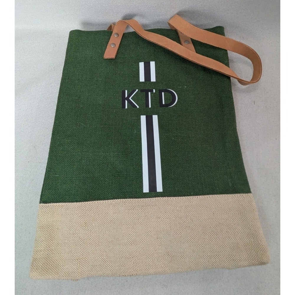 Apolis Market Bag Unisex Green Cream Good Monogram KTD Jute Leather Tote